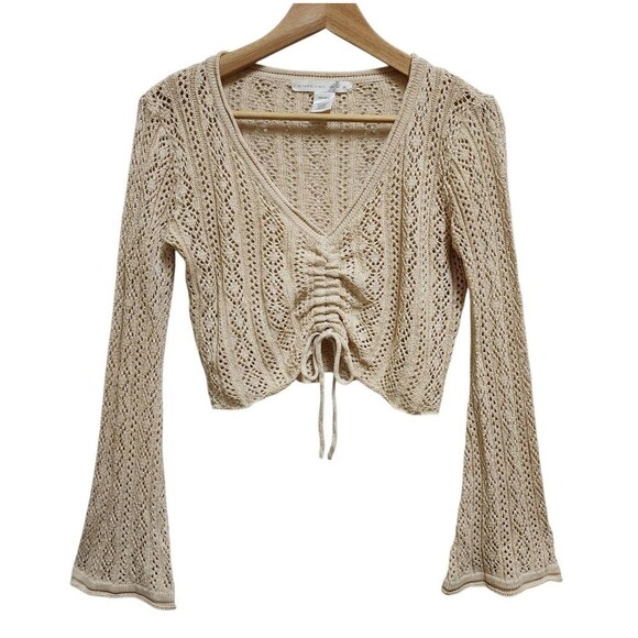 Altar'd State Tops - Altar'd State Beige Cinch V Neck Crochet Crop Top Women M Flare Boho Hippie Y2K